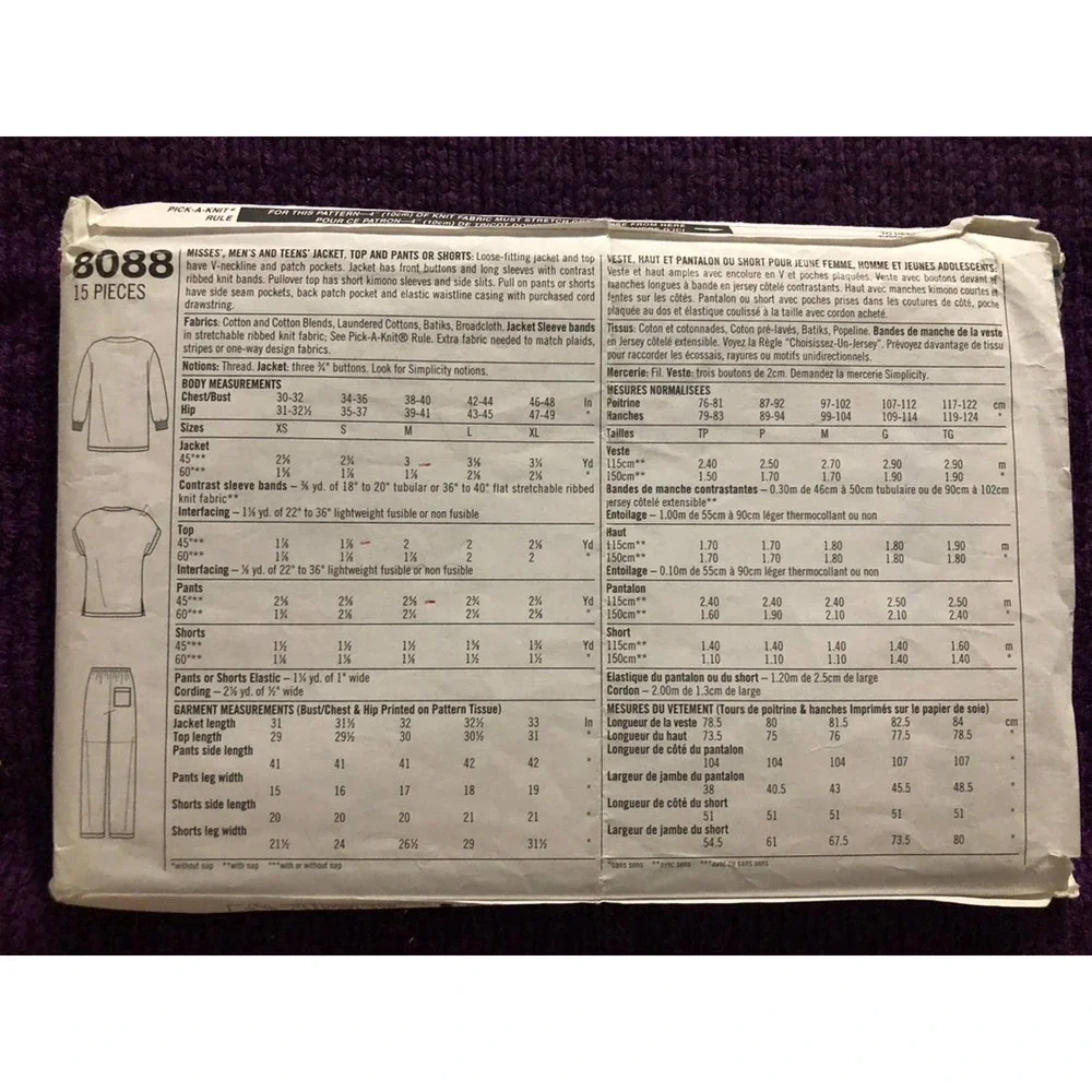 Simplicity sewing pattern  8088 unisex scrubs pants top shorts sz xs s m